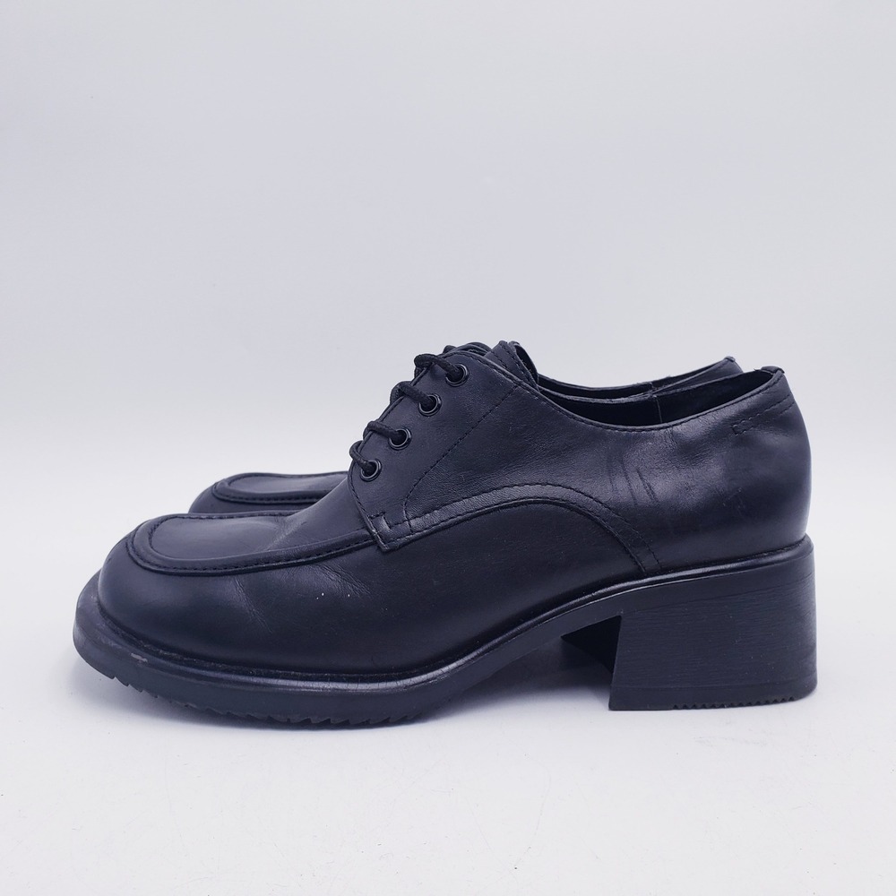 Vintage 90s Parade Oxford Chunky Heel Black Leather Square Toe Womens Size 6.5